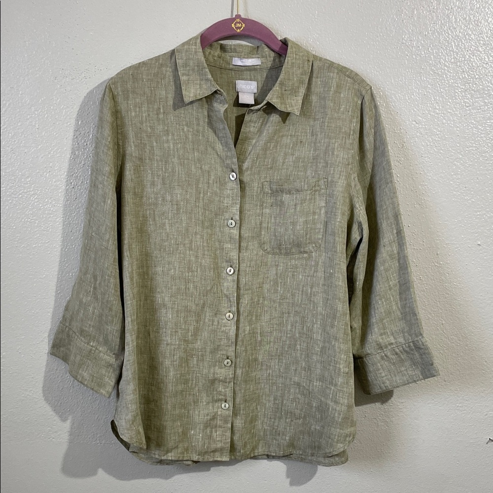 Linen Button Blouse Green 3/4 Sleeve Back Pleat Top Sz 6 Relaxed Classic Chicos